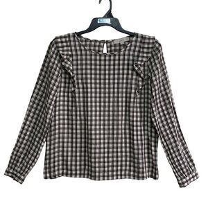 Loft Knit Top Womens Size Medium Multicolor Plaid Ruffle Long Sleeve Cotton